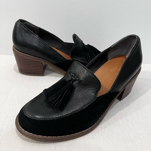NEW Anthropologie Seychelles Black Leather Suede Tassel High Heel Loafer Shoes 8 - Picture 4 of 8
